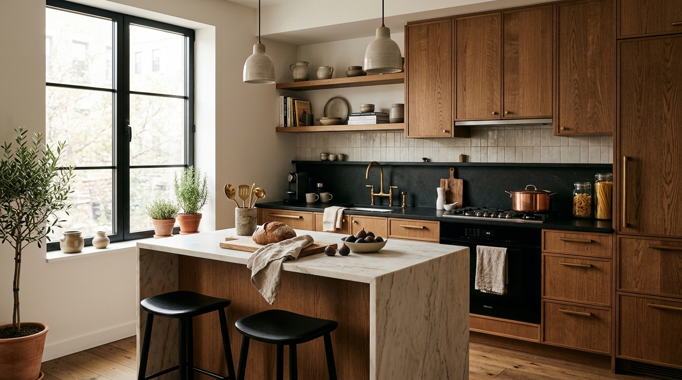 AI-generated modern kitchen with warm wood cabinets, stone countertop, functional layout, natural lighting from window, realistic interior design visualization