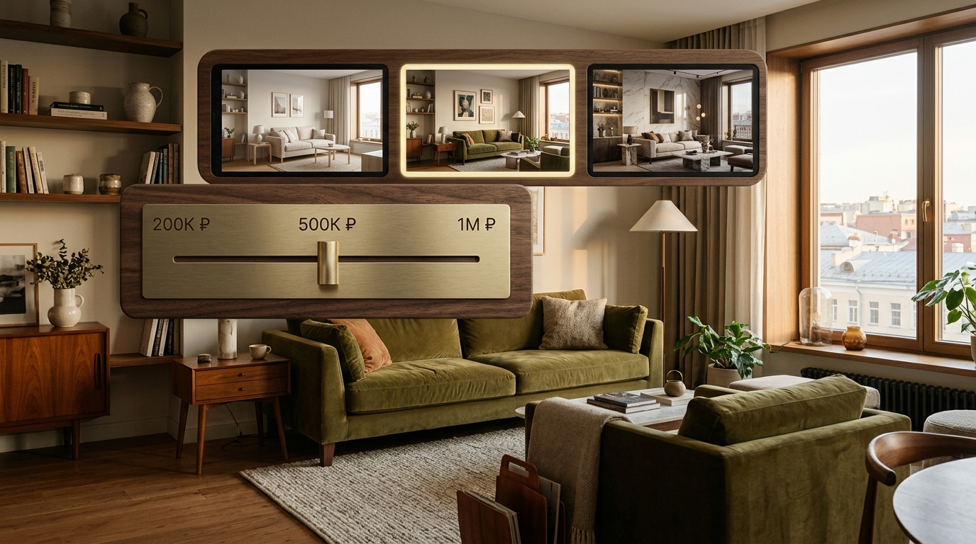 RoomAI interface showing budget slider with three positions - 200K, 500K, 1M rubles - and corresponding interior design variations for the same apartment layout