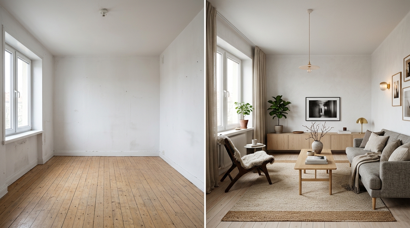 Before and after comparison of a 54 sqm apartment - empty white walls before renovation vs. finished interior with furniture, lighting and decor in a Scandinavian minimalist style
