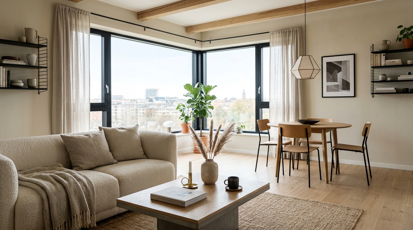 Scandinavian minimalist interior mood board 2025 - light wood, neutral tones, geometric patterns, black contour accents, warm textiles