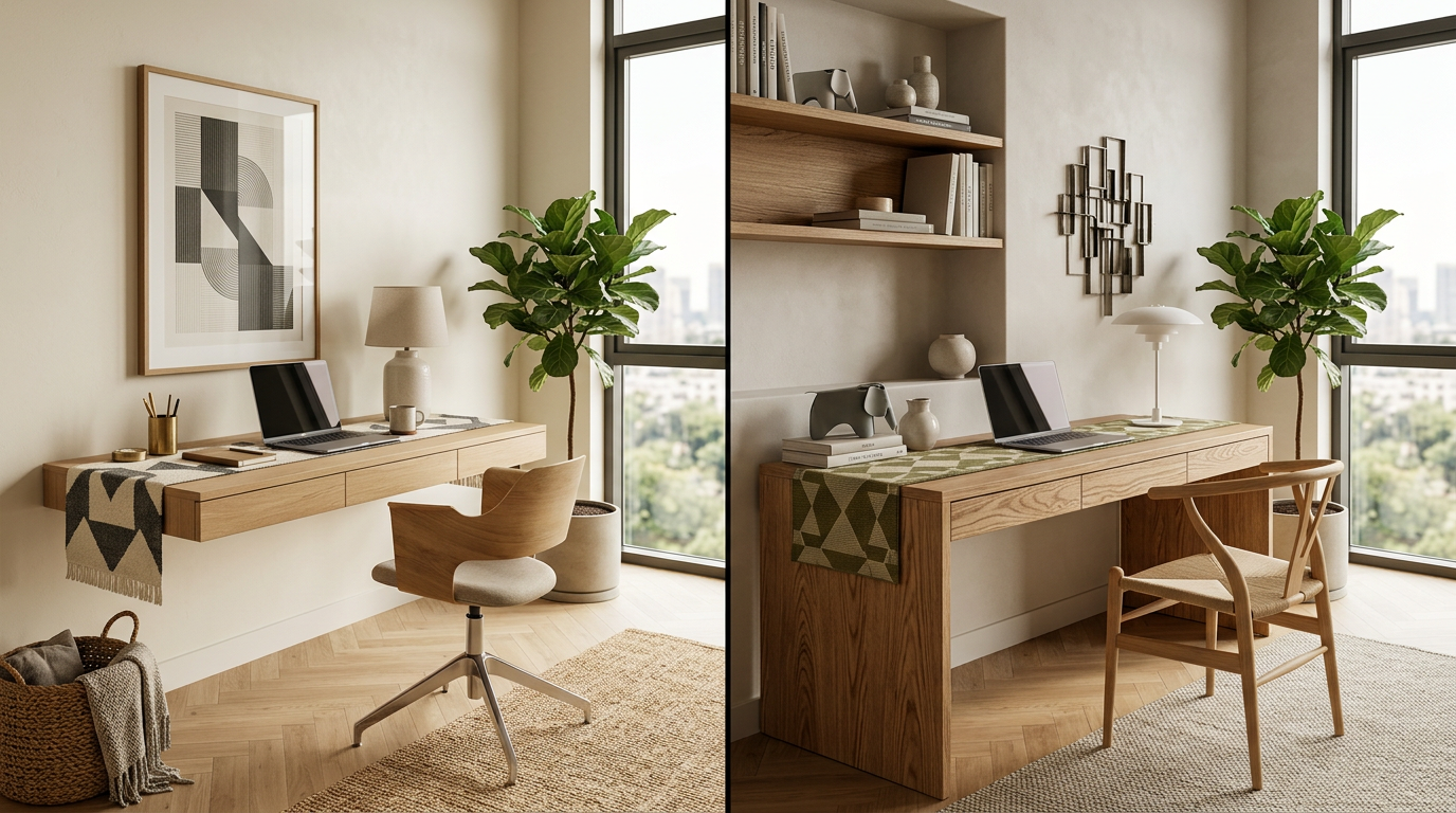 Split comparison of AI-generated Scandinavian minimalist home office vs classic designer approach - same style, different interpretation, light wood desk, neutral walls, geometric textile accent