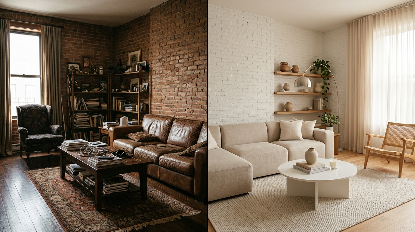 Split screen showing the same living room - left side original photo, right side AI-generated redesign in Scandinavian style, bright and clean