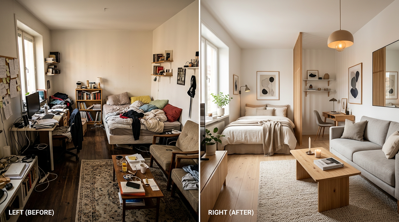 Before and after comparison of a small studio apartment - left: cluttered original space, right: AI-generated zoned layout with Scandinavian minimalist design, clear separation of living and sleeping areas