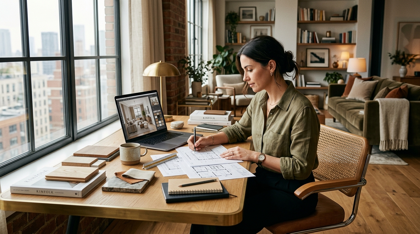 Professional designer working at a desk with blueprints next to a laptop showing AI interior design software - symbolizing the combination of AI tools and human expertise