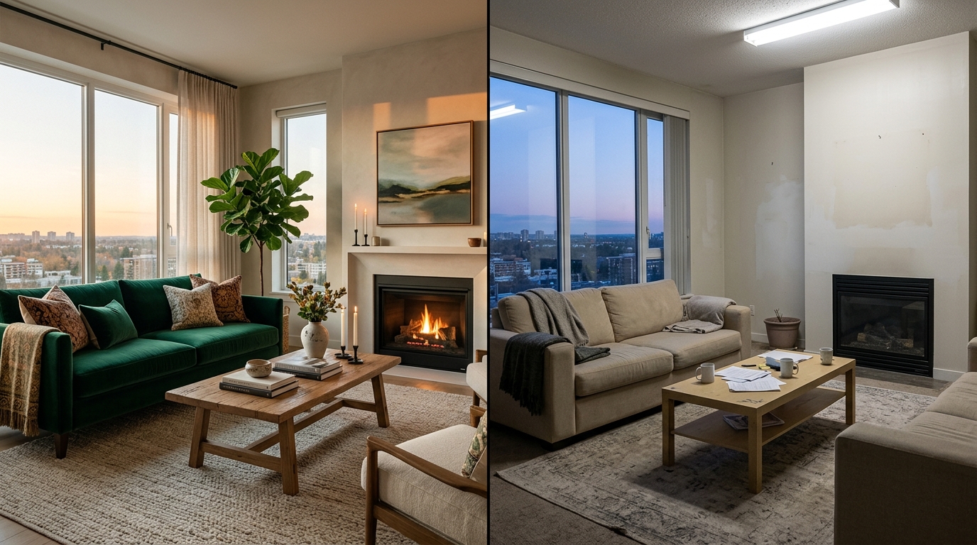 split screen showing beautiful AI-generated interior render on the left and disappointing real-life implementation on the right, same room, photorealistic