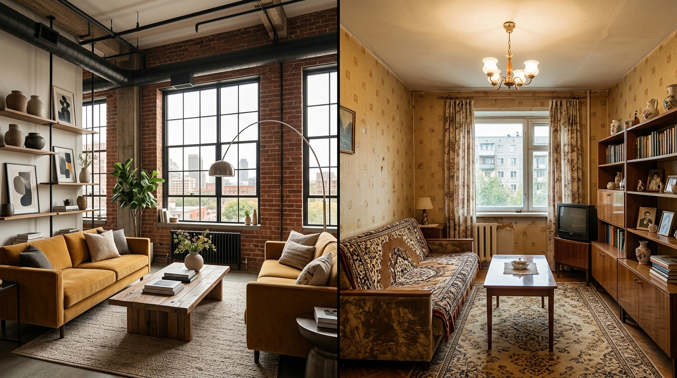 AI-generated loft style apartment render with exposed brick and pipes, contrasted with a typical Russian khrushchevka apartment reality, humorous illustration