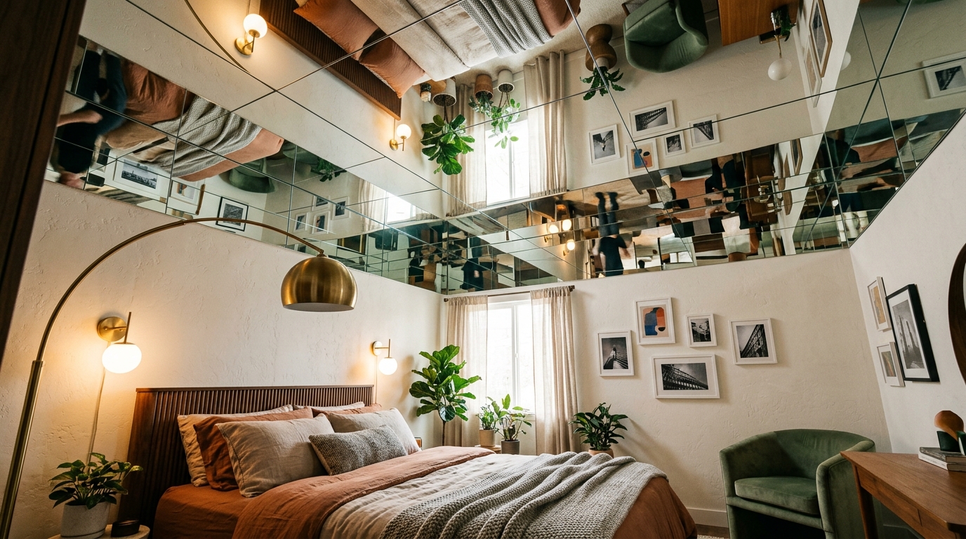 exaggerated AI render showing mirrored ceiling in a small apartment bedroom, looking absurd and disorienting, cartoon style