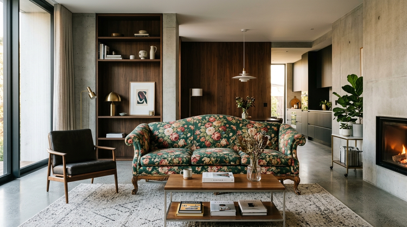 A modern living room with a glaringly out-of-place floral sofa