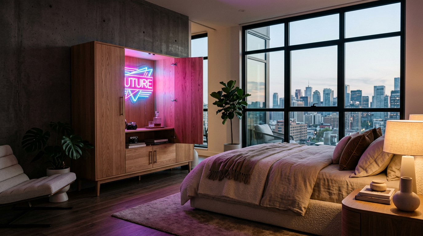 A retro wardrobe glowing with neon lights in a futuristic bedroom
