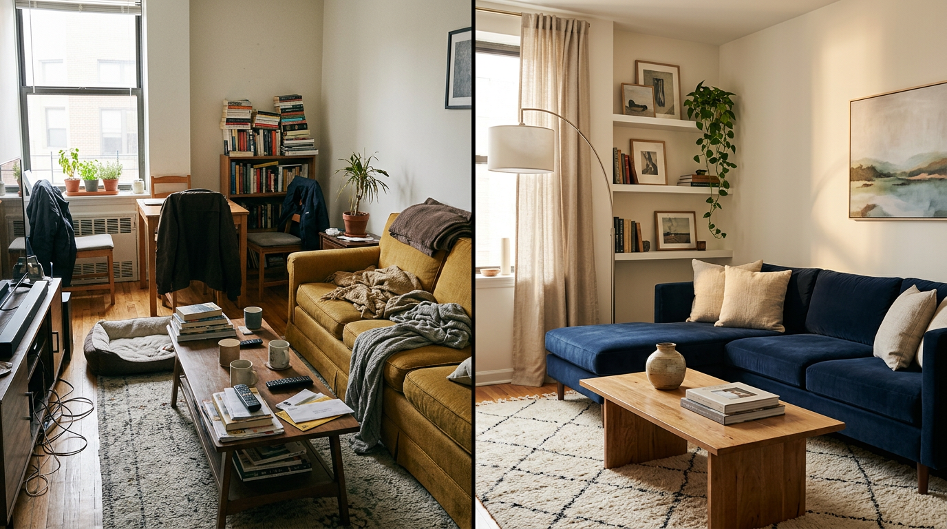 A side-by-side comparison of a chaotic real room vs a polished AI redesign